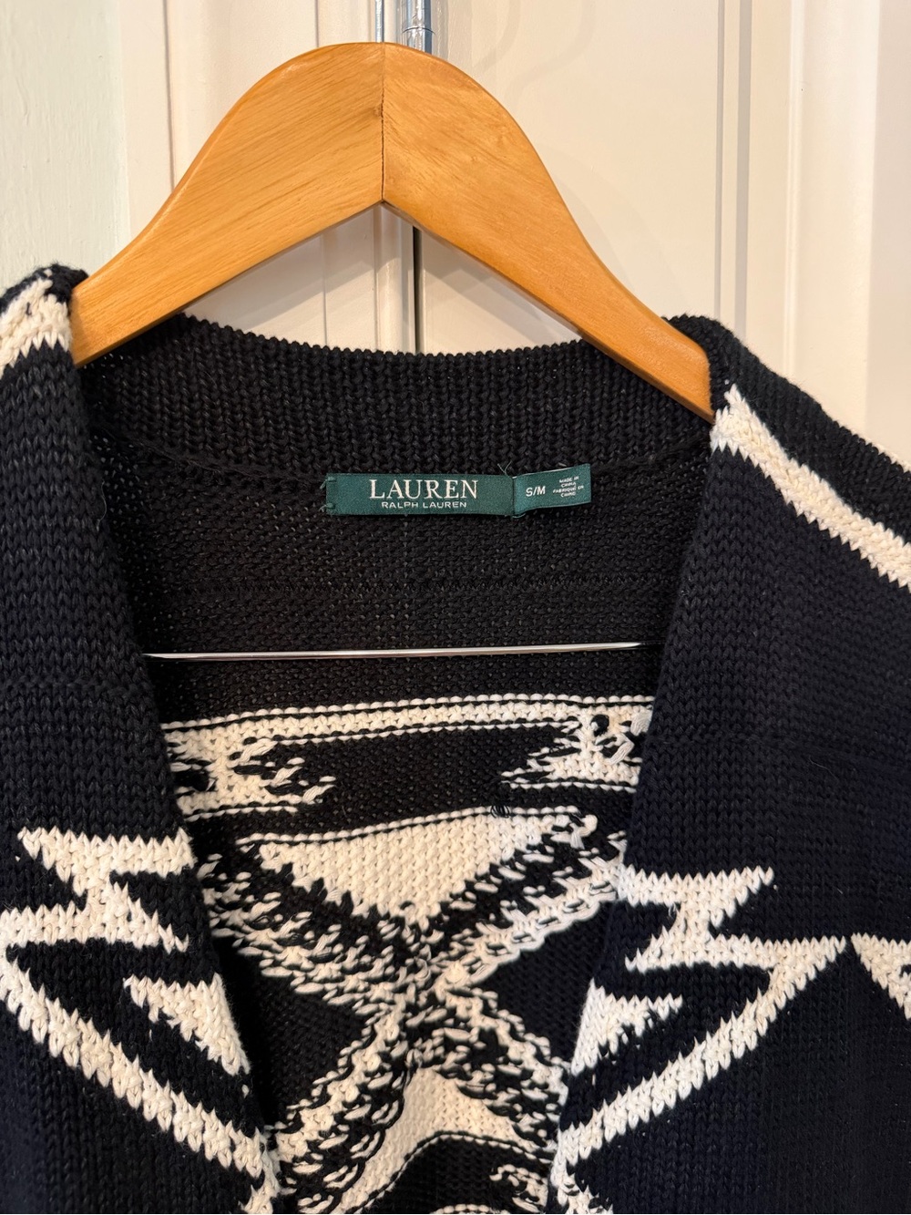 Ralph Lauren Black & White Linen Cotton Blend Knit Aztec Southwest Open Vest S/M - Picture 2 of 6